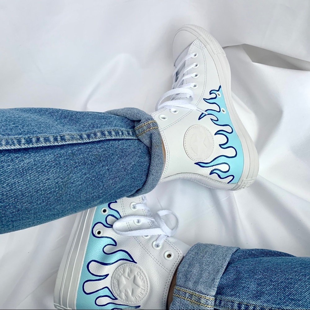 CUSTOM Hand Painted Blue Flame Leather Converse - Picture 3 of 5
